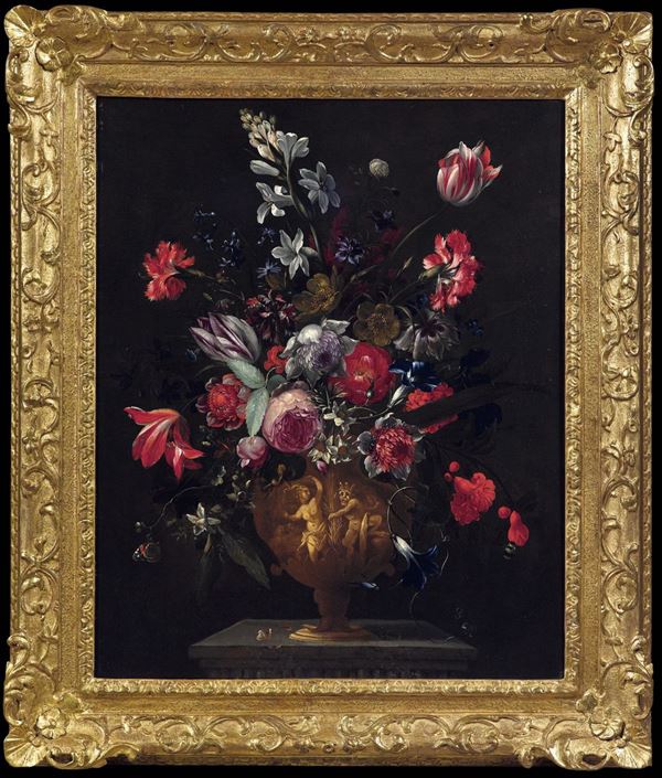 Giovanni Stanchi (Roma 1608 - 1675) Vaso di fiori istoriato con Pan e Siringa