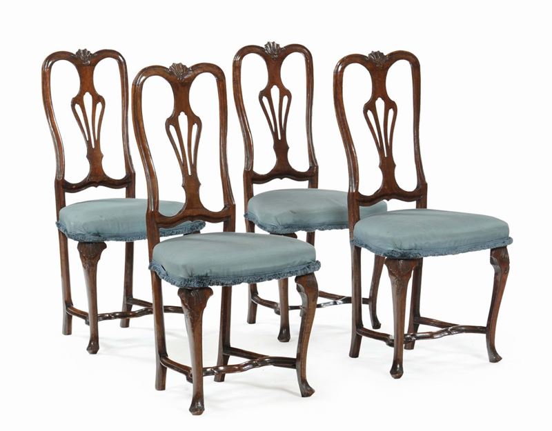 Quattro sedie Luigi XV in noce massello, Veneto XVIII-XIX secolo  - Asta Arredi dalle dimore degli eredi Ercole Marelli e altre provenienze - Cambi Casa d'Aste
