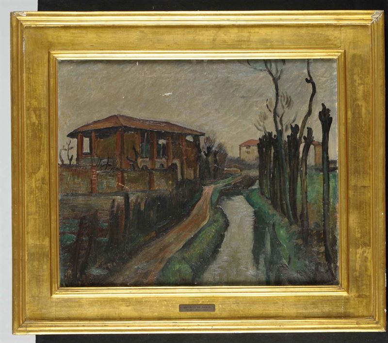 Raffaele De Grada (Zurigo 1916 - Milano 2010) Canale della bassa padana, 1920 circa  - Asta Dipinti del XIX e XX secolo - Cambi Casa d'Aste