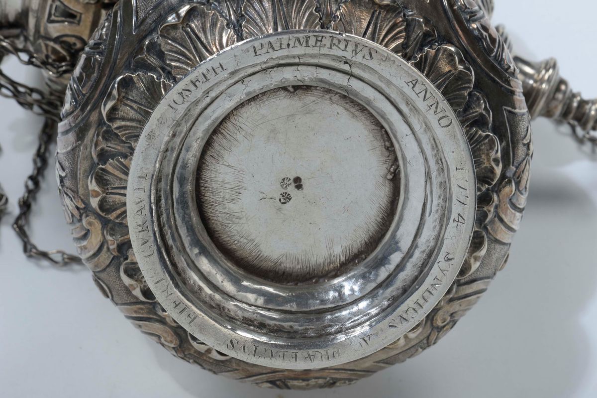 Turibolo in Argento Fuso, Sbalzato e Cesellato. Roma Secondo Quarto del XVIII Secolo. Argentiere ...