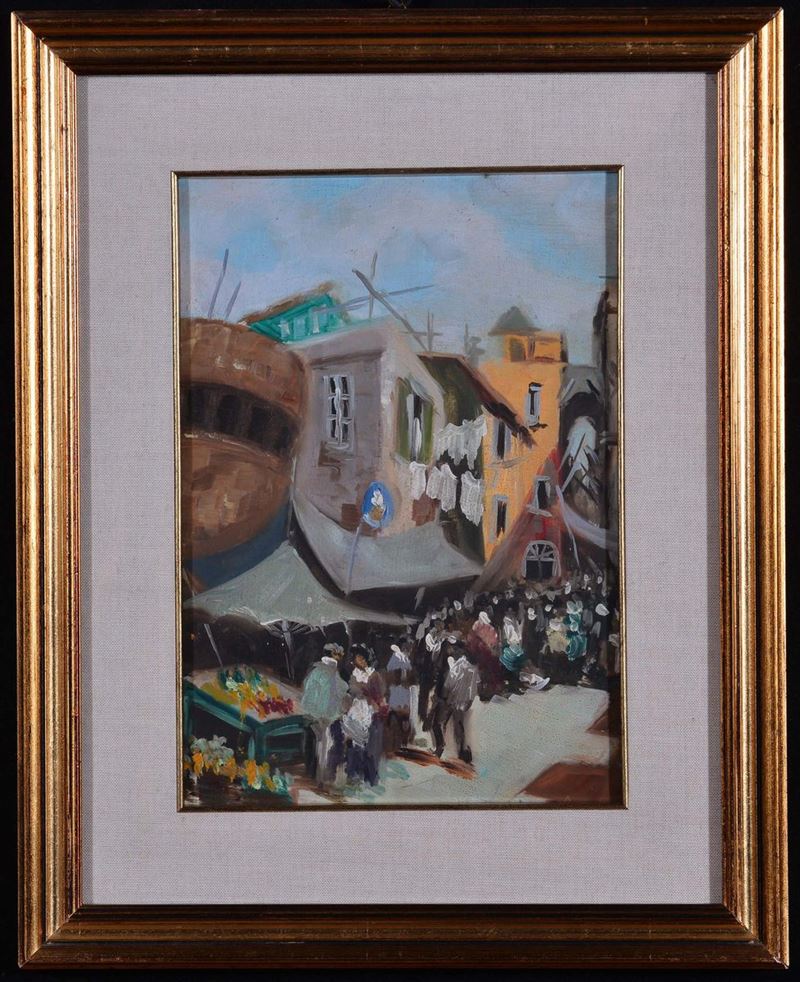 Anonimo napoletano degli inizi del XX secolo Scorcio di città con scena di mercato  - Auction Paintings online auction - Cambi Casa d'Aste