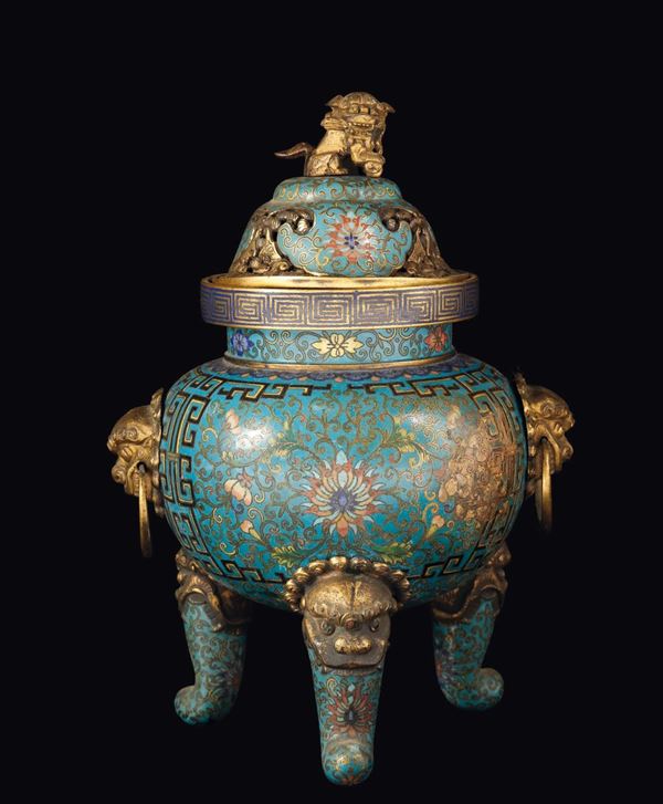 A cloisonné tripod censer and cover with Pho dog with gilt details, China, Qing Dynasty, 19th century