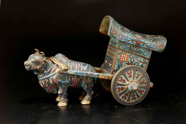 A cloisonné cart pulled by buffalo, China, 20th century