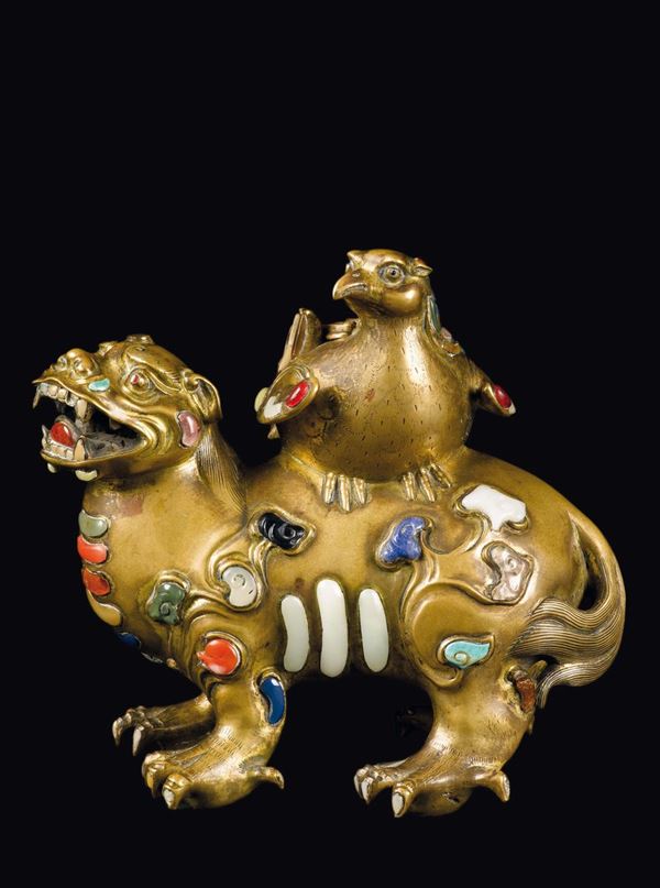An important imperial gilt bronze Pho dogs and quail shaped censer with hardstone, jade, rose quartz  [..]