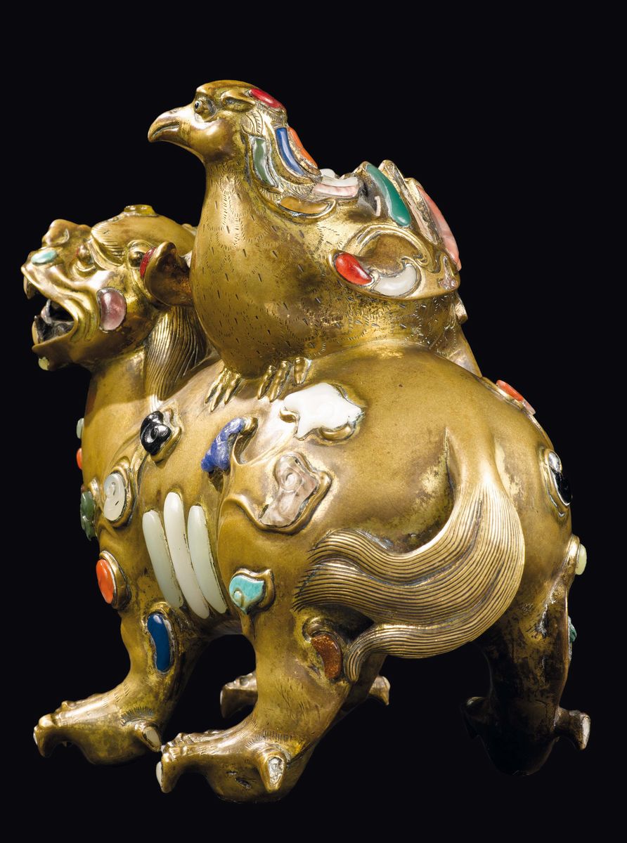Importante Incensiere Imperiale in Bronzo Dorato a Guisa di Cane di Pho Sormonato da Quaglia con ...