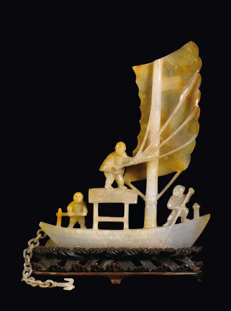 Barca con tre pescatori e ancora scolpita in giada bianca e russet, Cina, Dinastia Qing, XIX secolo  - Asta Fine Chinese Works of Art - Cambi Casa d'Aste