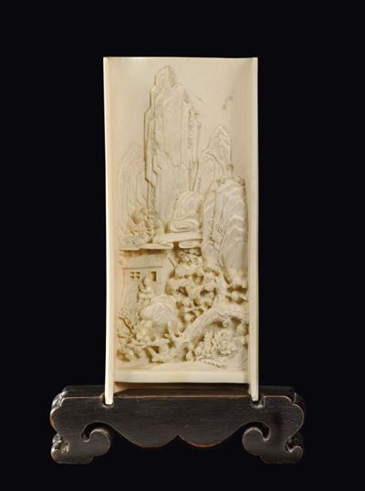 Placca in Avorio con Paesaggio con Bambino a Rilievo, Cina, Dinastia Qing, XIX Secolo
