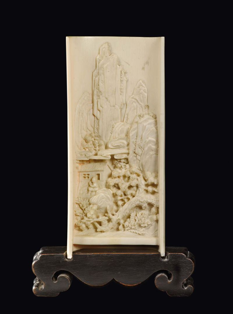 Placca in avorio con paesaggio con bambino a rilievo, Cina, Dinastia Qing, XIX secolo  - Asta Fine Chinese Works of Art - Cambi Casa d'Aste
