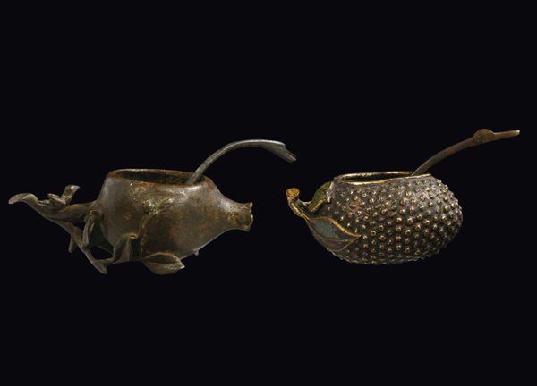 A pair of bronze fruit shaped saltcellar, China, Qing Dynasty, Qianlong Period (1736-1795)