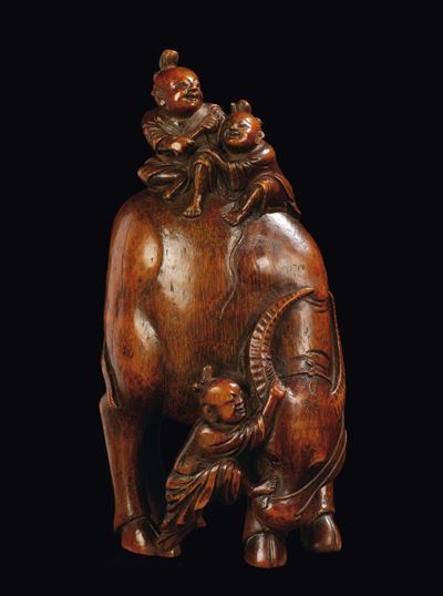 Scultura in Bamboo Raffigurante Fanciulli che Giocano con un Bufalo, Cina, Dinastia Qing, Epoca Q...