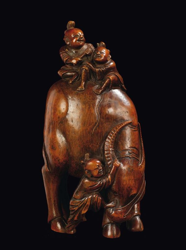 A carved bamboo child and buffalo group, China, Qing Dynasty, Qianlong Period (1736-1795)