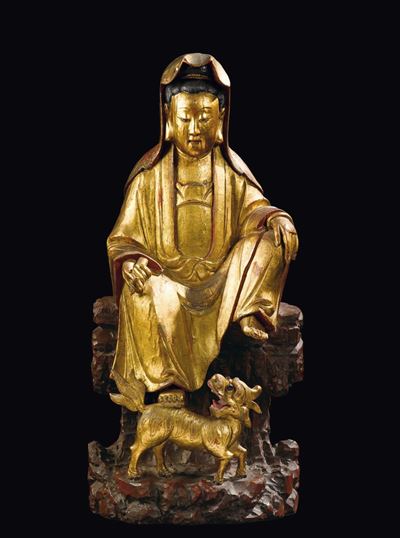 Gruppo Scolpito in Legno Laccato e Dorato Raffigurante Guanyin Seduta con Pergamena in Mano e Can...