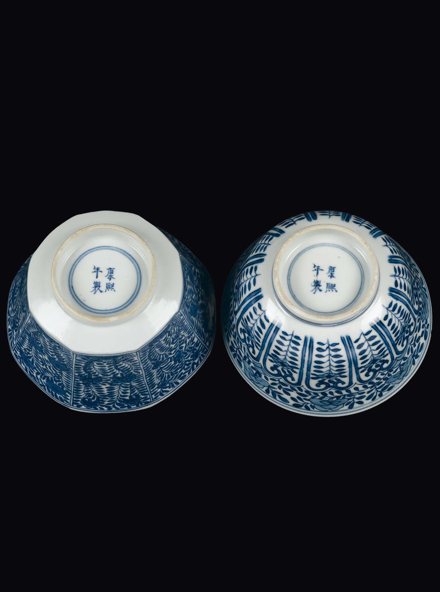 Due Ciotole in Porcellana Bianca e Blu a Decoro Floreale e con Pesci, Cina, Dinastia Qing, Epoca ...