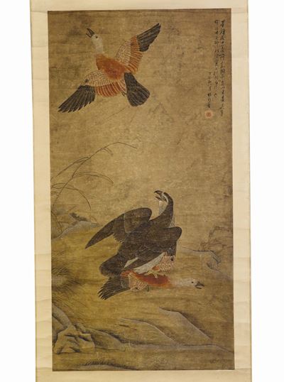 Dipinto su Carta Raffigurante Due Anatre, una in Volo e una Dominata da un Falco, con Iscrizione ...