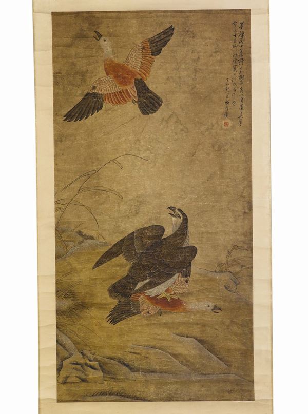 Dipinto su carta raffigurante due anatre, una in volo e una dominata da un falco, con iscrizione in alto a destra, Cina, Dinastia Ming, XVII secolo