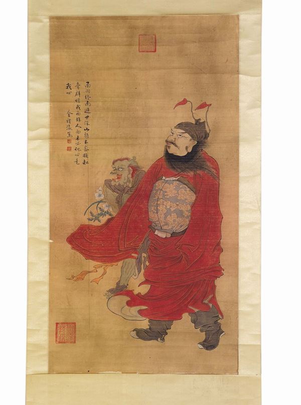 Dipinto su carta raffigurante dignitario e demone con iscrizione in alto a sinistra, Cina, Dinastia Qing, XIX secolo