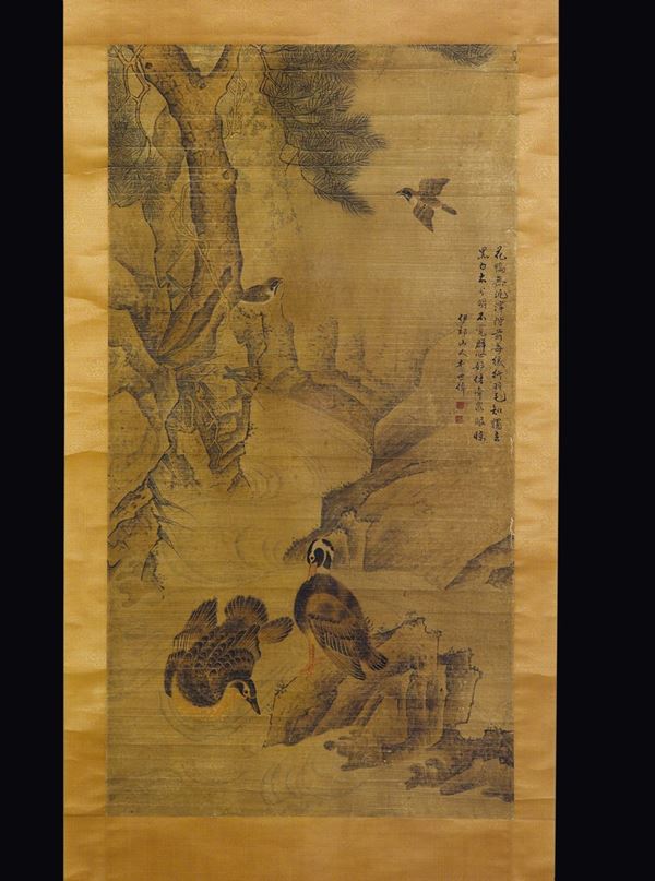 A painting on paper depicting a river shore with ducks, birds and inscription, China, Qing Dynasty, 18th century