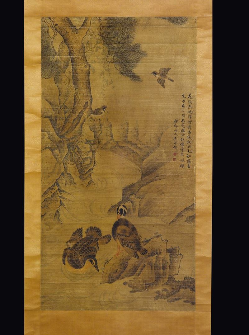 Dipinto su carta raffigurante riva di un fiume con anatre, uccelli e iscrizione sulla destra, Cina, Dinastia Qing, XVIII secolo  - Asta Fine Chinese Works of Art - Cambi Casa d'Aste