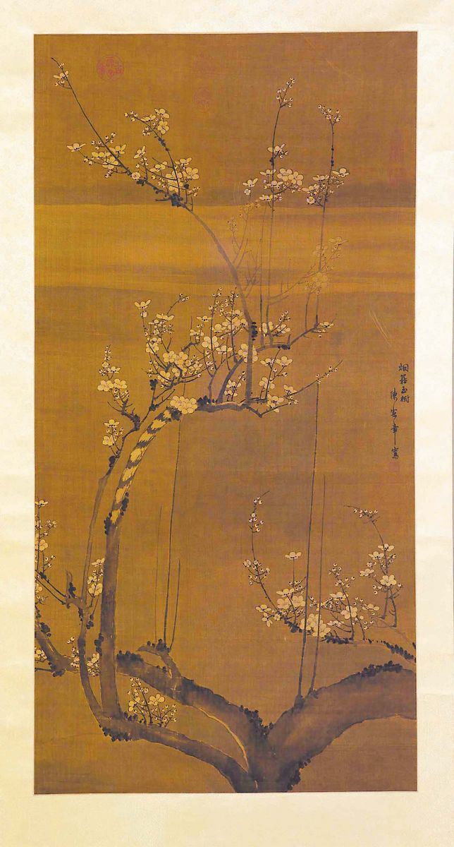 Dipinto su carta raffigurante carta raffigurante ramo di ciliegio in fiore e iscrizione sulla destra, Cina, Dinastia Qing, XIX secolo  - Asta Fine Chinese Works of Art - Cambi Casa d'Aste