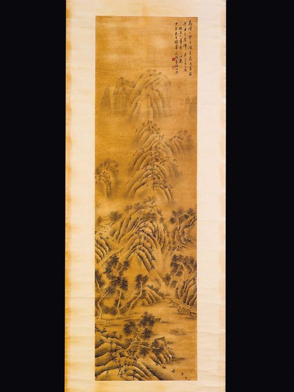 A painting on paper depicting mountain landscape crossed by a river with a small boat and inscription, China, Ming Dynasty, 17th century