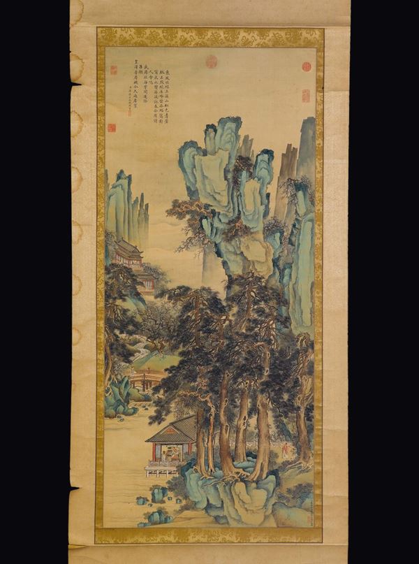 A painting on paper depicting mountain landscape with houses, figures and inscriptions, China, Qing Dynasty, 19th century