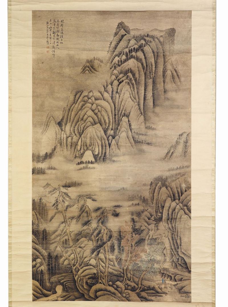 A painting on paper depicting mountain landscape with houses, two figures on a small bridge and inscription, China, Qing Dynasty, 19th century  - Auction Fine Chinese Works of Art - Cambi Casa d'Aste