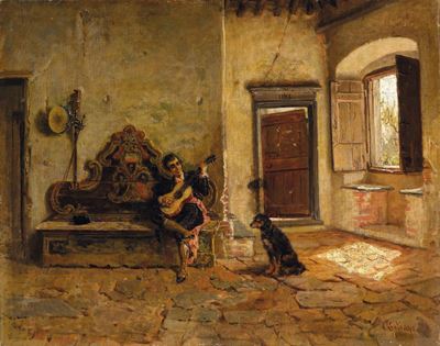 Bartolomeo Giuliano (susa 1825 - Milano 1909)figura con Chitarra e Cane in un Interno, 1900