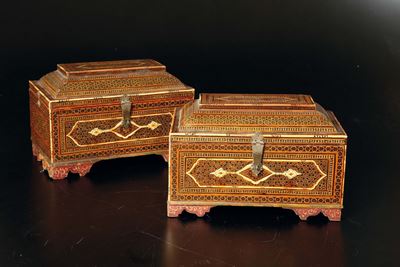 Coppia di Bauletti in Legno e Avorio, Siria XIX Secolo