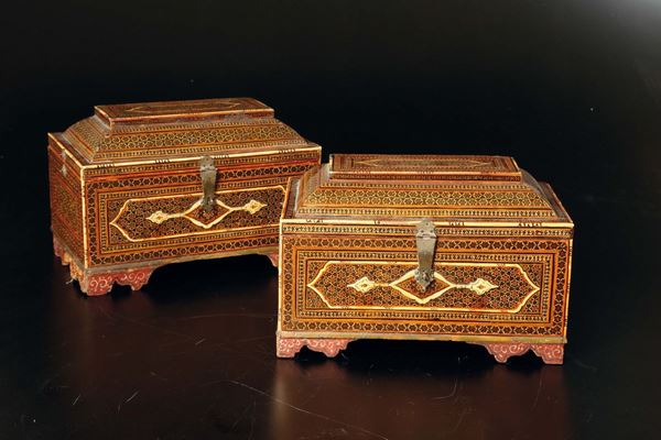 A pair of small wood and ivory chests, Syria 19th century
