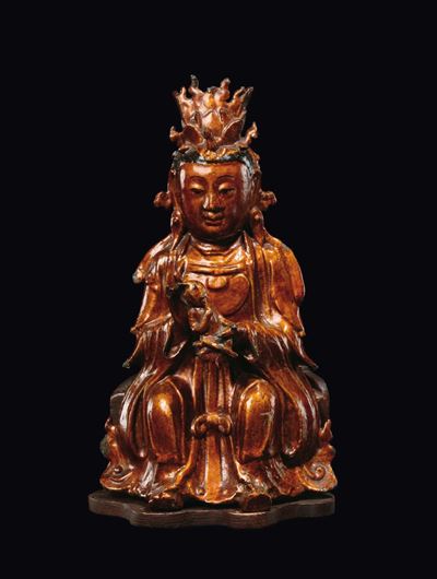 Guanyin Seduta in Bronzo con Neonato in Mano, Cina, Dinastia Ming, XVII Secolo