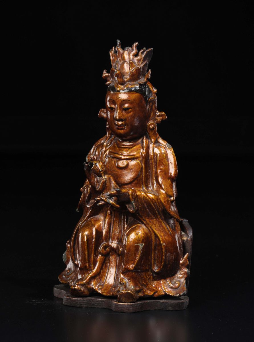 Guanyin Seduta in Bronzo con Neonato in Mano, Cina, Dinastia Ming, XVII Secolo