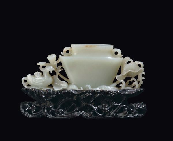 A white jade vase with branches and duck in relief, China, Qing Dynasty, 19th century
