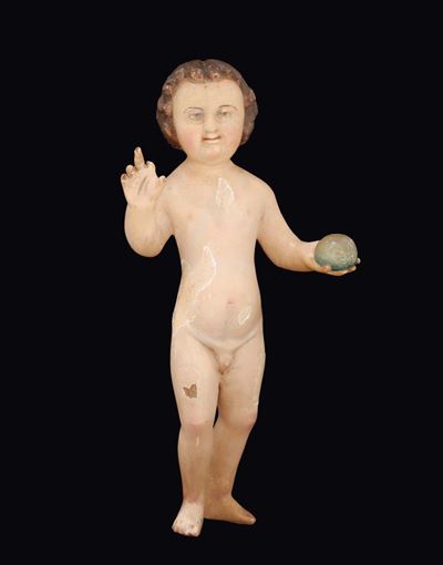 Scultura in Legno Policromo Raffigurante Gesù Bambino, Malines XVI Secolo