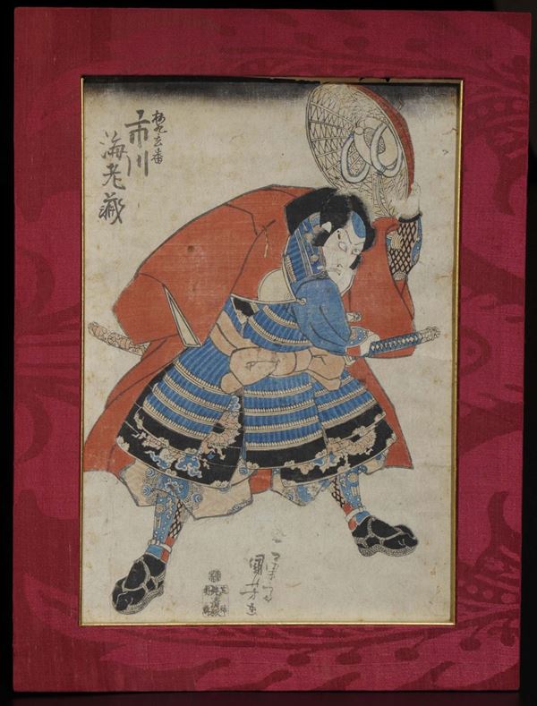 Dipinto su carta di riso raffigurante Samurai con iscrizioni, Giappone, XIX secolo