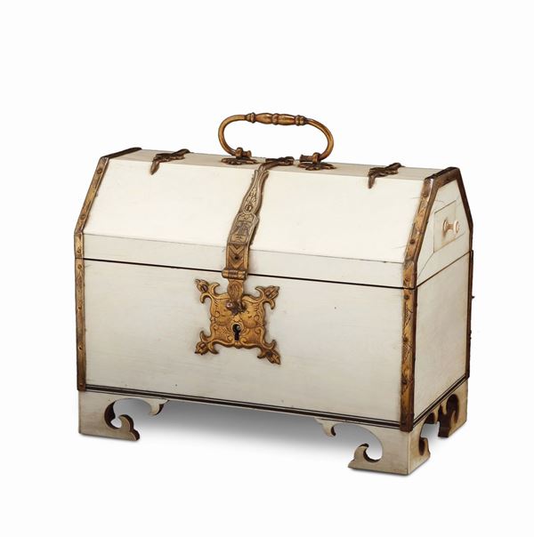 A small wood trunk covered in ivory with brass and bronze decorations, Italian or French manufacture, 19th century