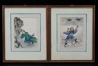 Coppia di Acquerelli Incorniciati su Carta Raffiguranti Due Saggi, Cina, XIX Secolo