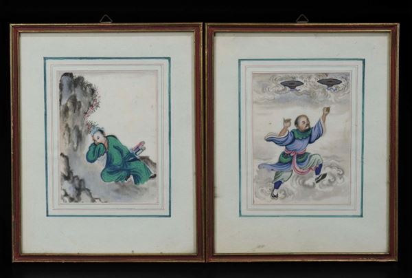 Coppia di acquerelli incorniciati su carta raffiguranti due saggi, Cina, XIX secolo