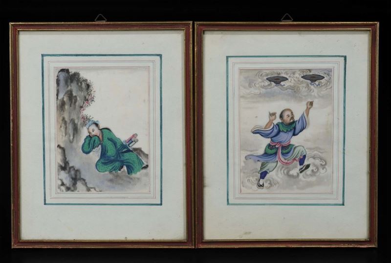 Coppia di acquerelli incorniciati su carta raffiguranti due saggi, Cina, XIX secolo  - Asta Chinese Works of Art - Cambi Casa d'Aste
