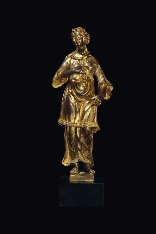 Figura femminile in bronzo fuso, cesellato e dorato, Arte Italiana o fiamminga del XVI-XVII secolo