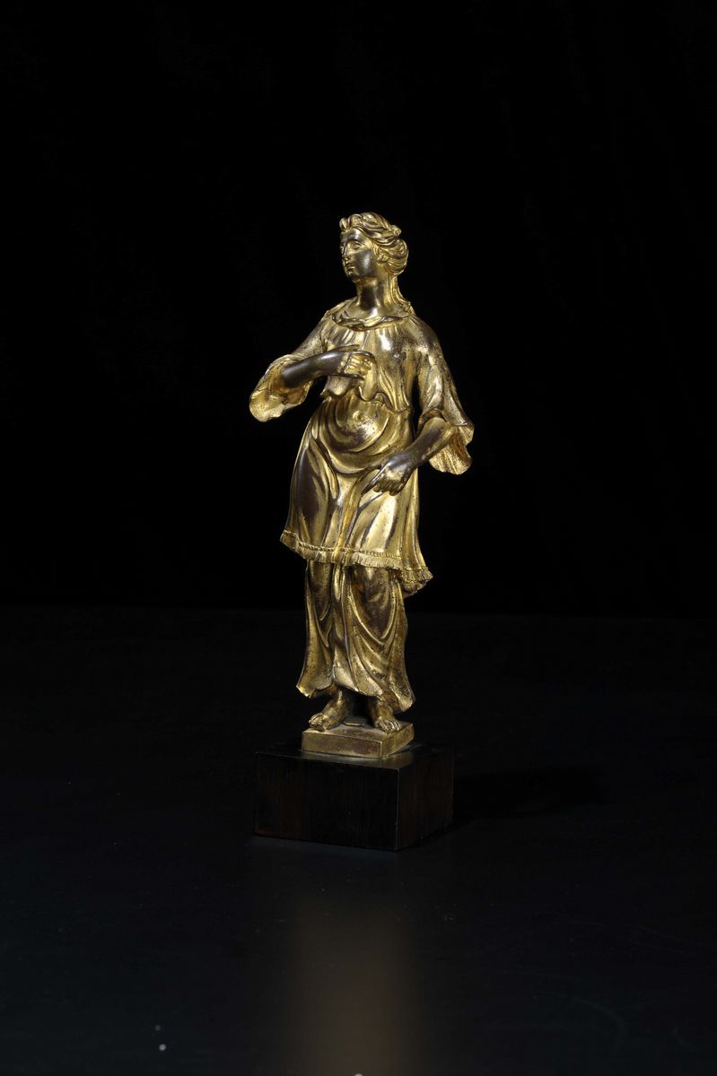 Figura Femminile in Bronzo Fuso, Cesellato e Dorato, Arte Italiana o Fiamminga del XVI-XVII Secol...