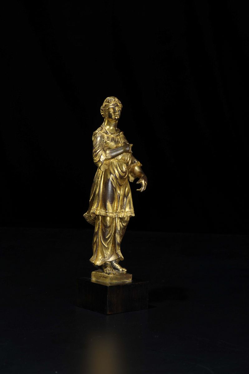 Figura Femminile in Bronzo Fuso, Cesellato e Dorato, Arte Italiana o Fiamminga del XVI-XVII Secol...