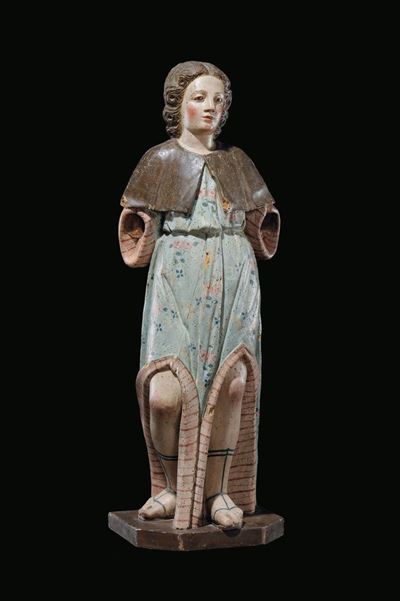 Scultura in Legno Policromo Raffigurante Angelo, Italia Centrale XVII Secolo