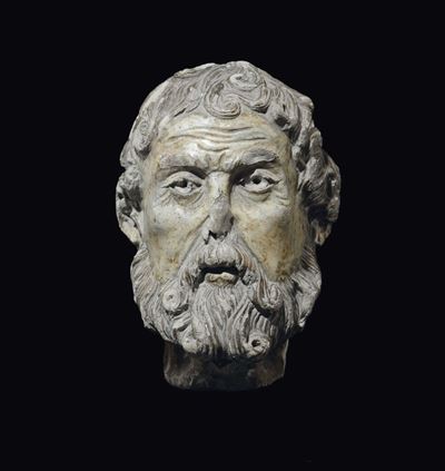 Testa Virile con Barba in Stucco Invetriato, Francia XVI Secolo