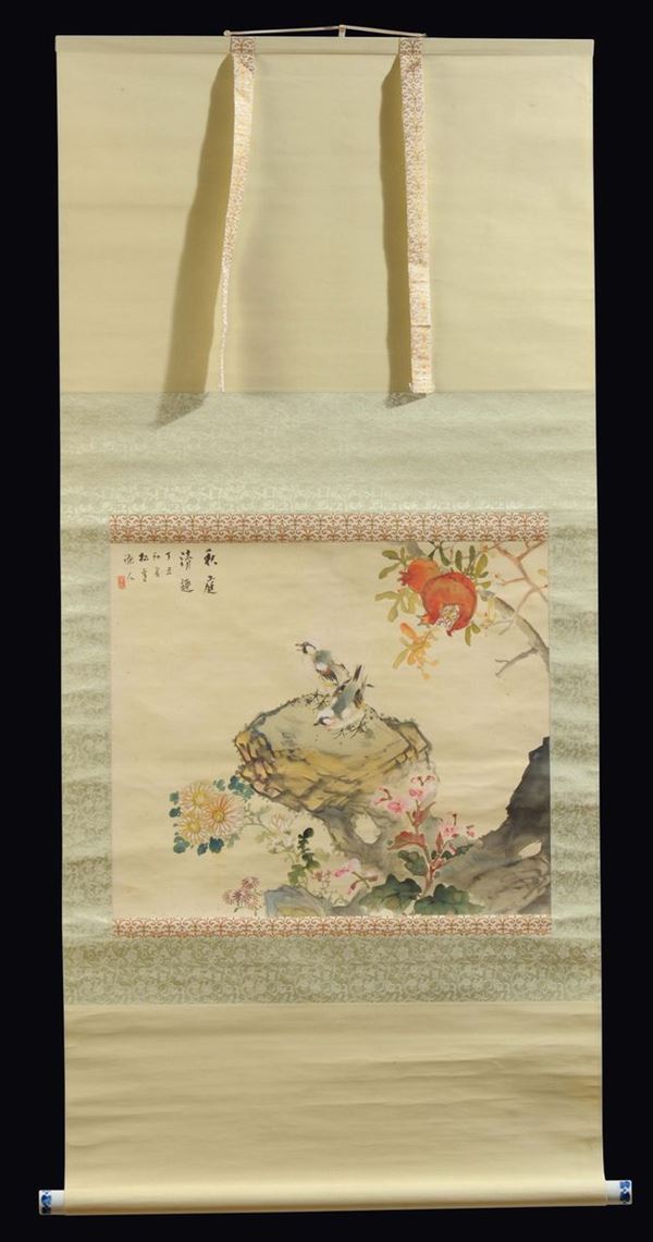 A painting on paper with porcelain handle depicting little bird and inscription, China, 20th century