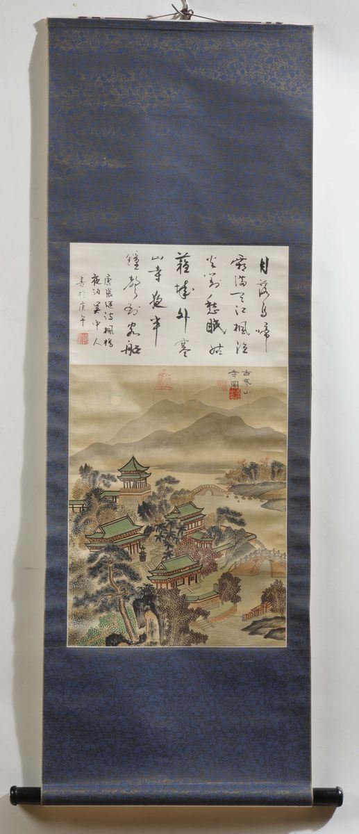 Due dipinti su carta raffiguranti paesaggio montano e personaggi con iscrizioni, Cina, XX secolo