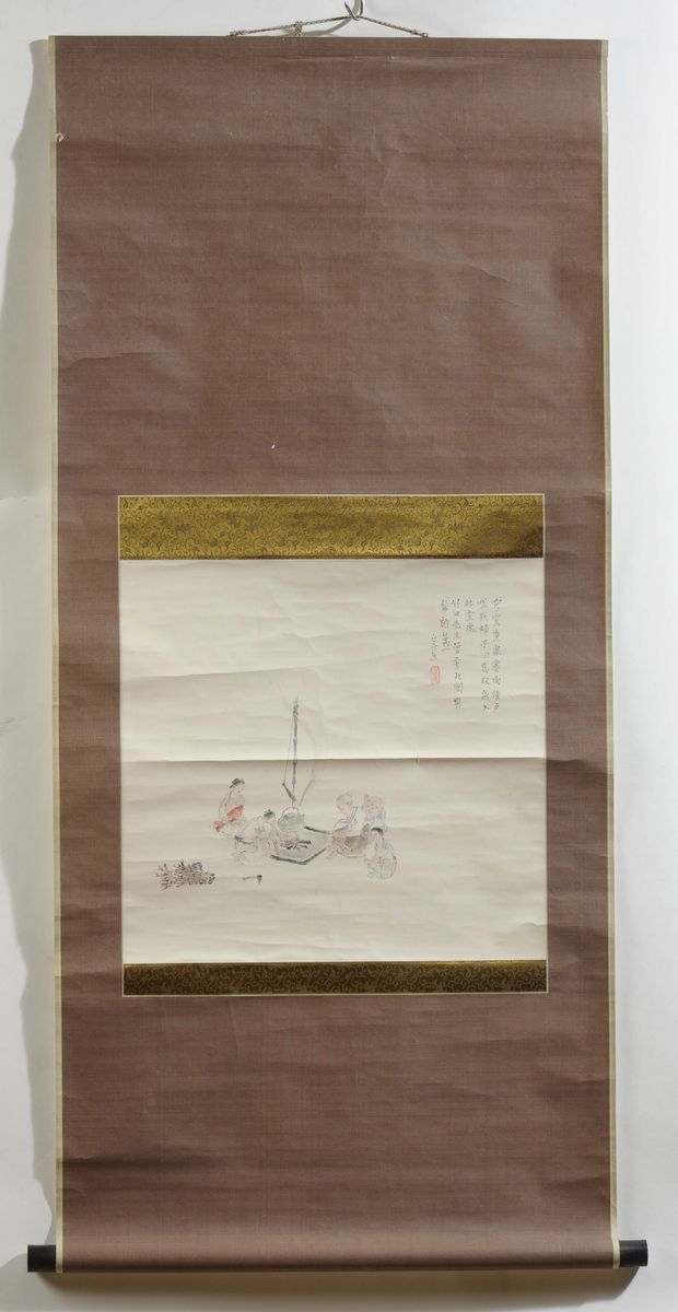 Due Dipinti su Carta Raffiguranti Paesaggio Montano e Personaggi con Iscrizioni, Cina, XX Secolo