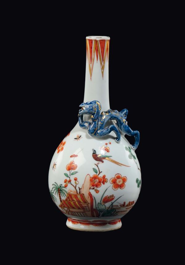 A polychrome enamelled porcelain ampoule vase with naturalistic decoration and fantastic animal in relief, China, Qing Dynasty, Yongzheng Period (1723-1735)