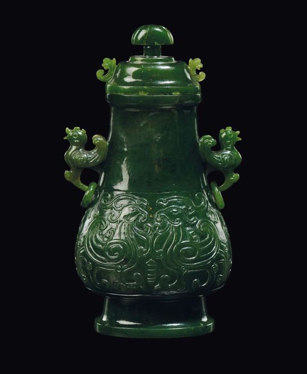 A green spinach jade vase and cover with rooster shaped double handles, China, Qing Dynasty, 19th century
