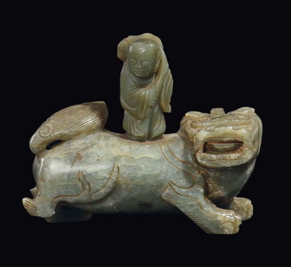 A carved Celadon jade Pho dog with child on his back, China, Qing Dynasty, Qianlong Period (1736-1795)