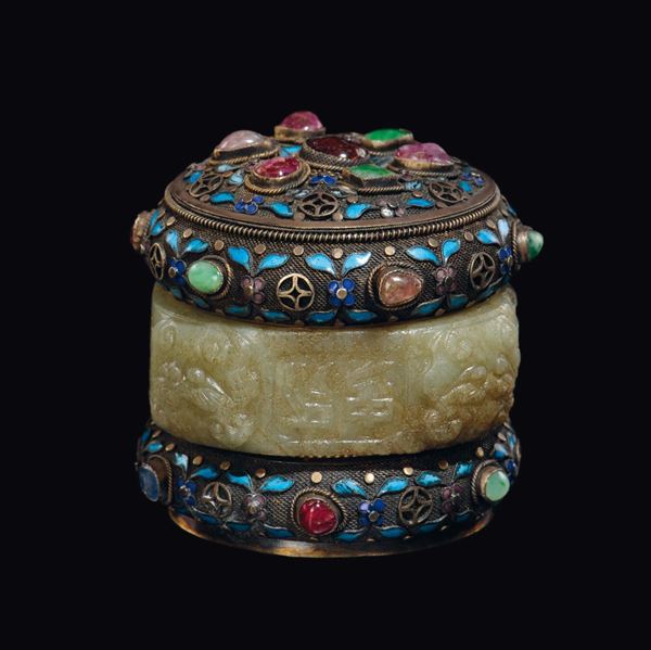 A silver and white jade box with hard stone inlays, China, Qing Dynasty, 19th century